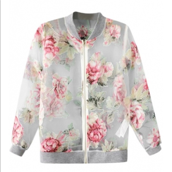 Jackets & Blazers - Floral Print Sheer Organza Stand Collar Jacket